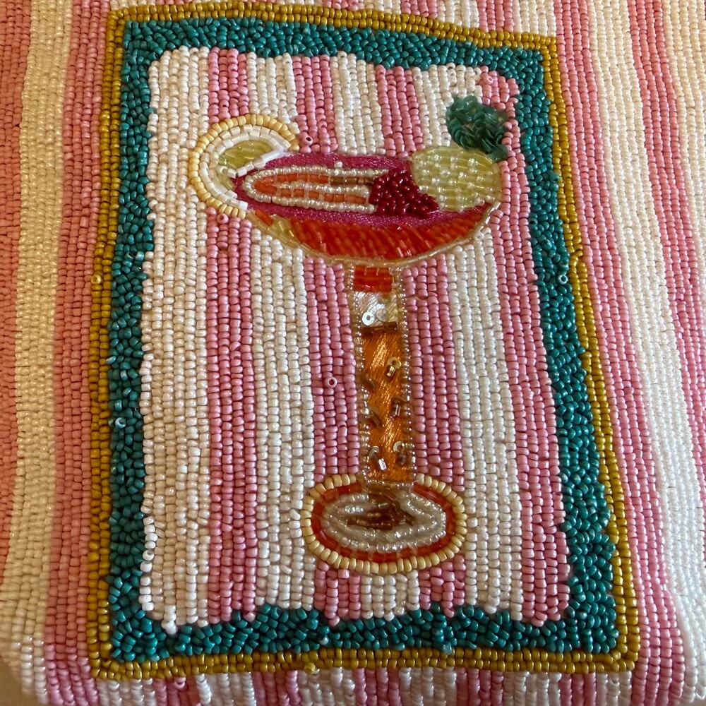 NWT Viral Handcrafted In India Beaded Pink White Striped Tote Cocktail Bag - Picture 5 of 11